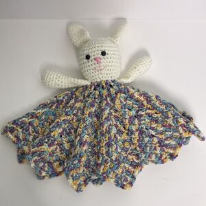 Hand Knit Bunny Lovey Multicolor Skirt Black Button Eyes Pink Nose Mouth